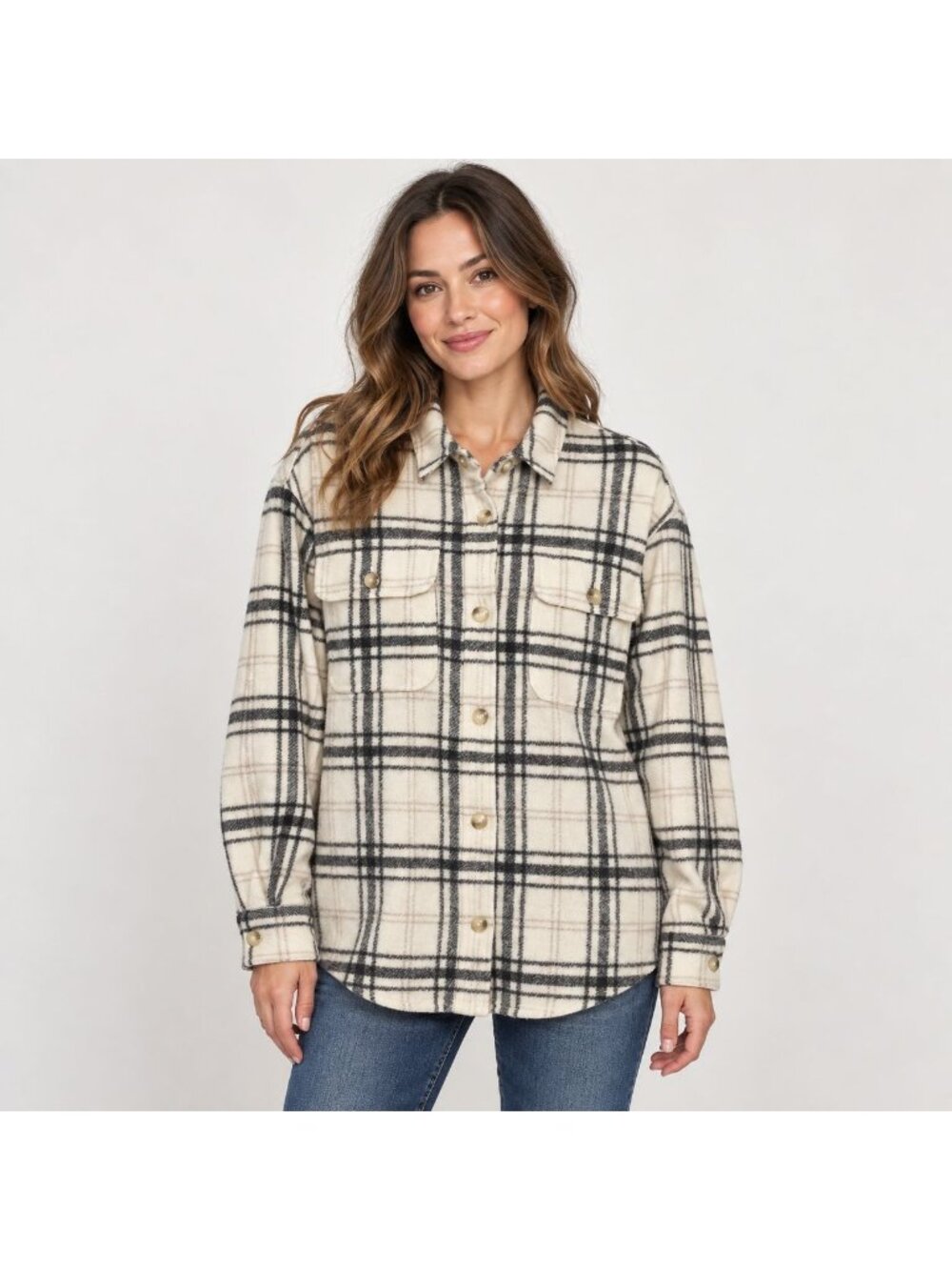 American Eagle Womens Plaid Button-Up Shirt Size Small Cream & Black Cotton Blen
